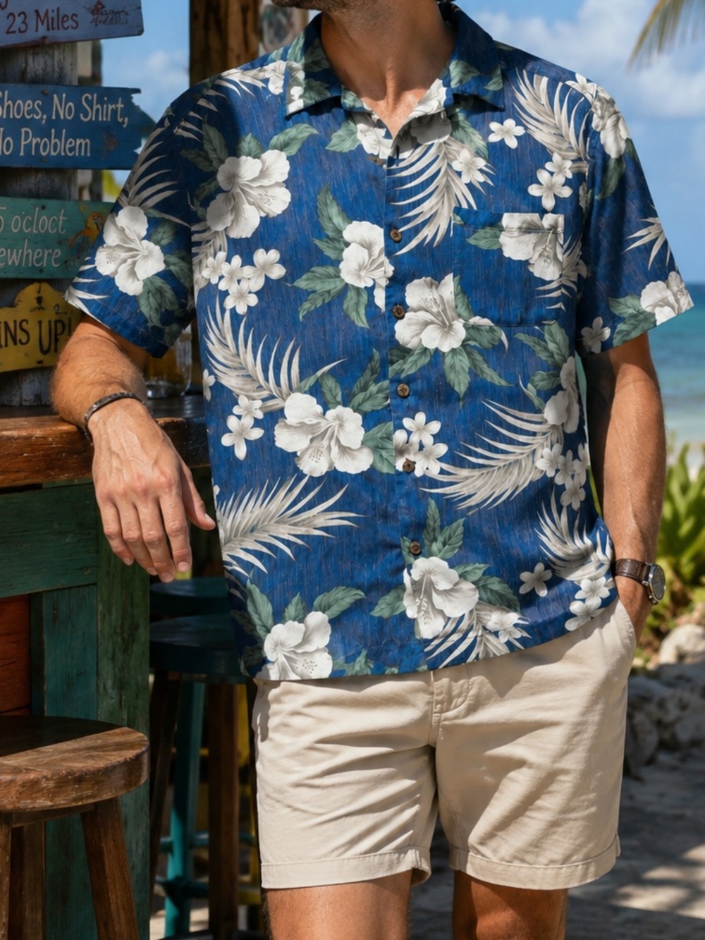 Caribbean Joe Hawaiian Camp Shirt Men’s Large Navy Floral Tropical Island